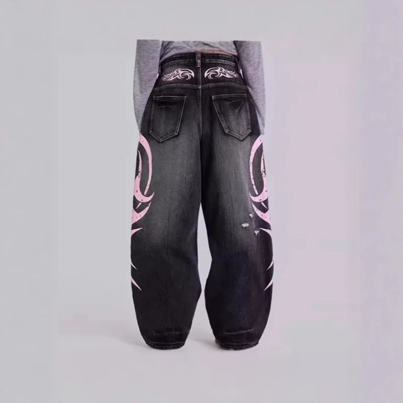 Jaded london jeans vintage high street tide gangster handsome mottled totem print wide leg old loose men and women