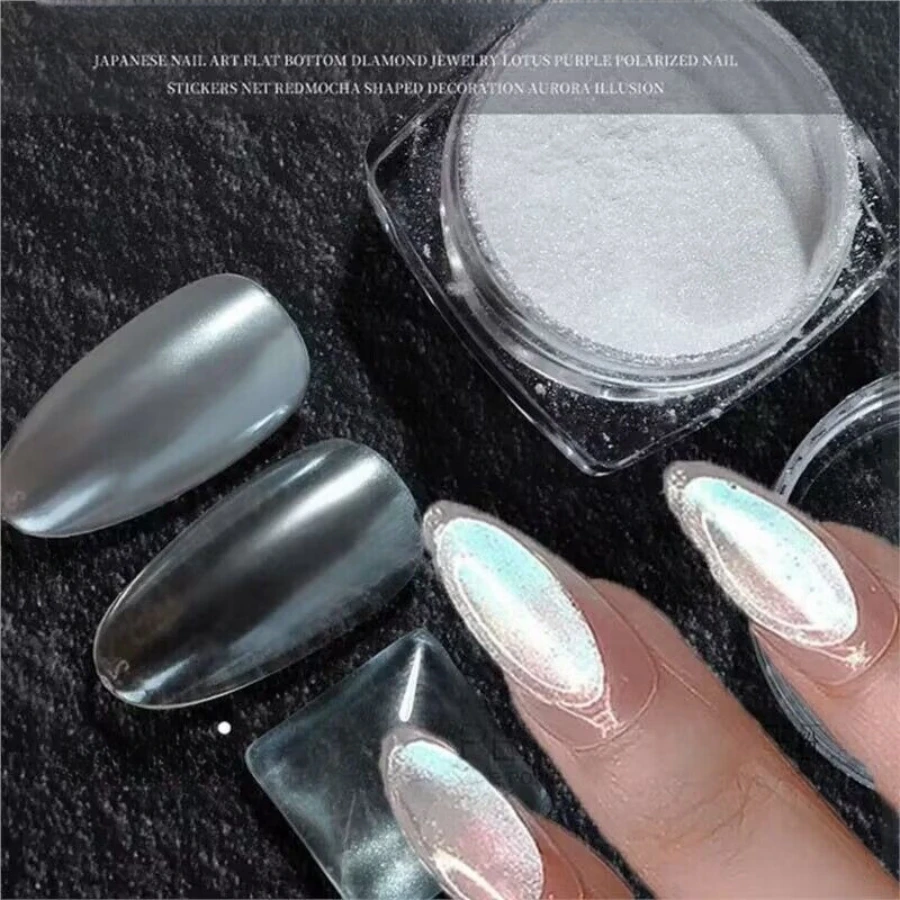 Pó cromado branco com efeito espelho, Pearl Shimmer, esmalte Donut Nail, 2pcs