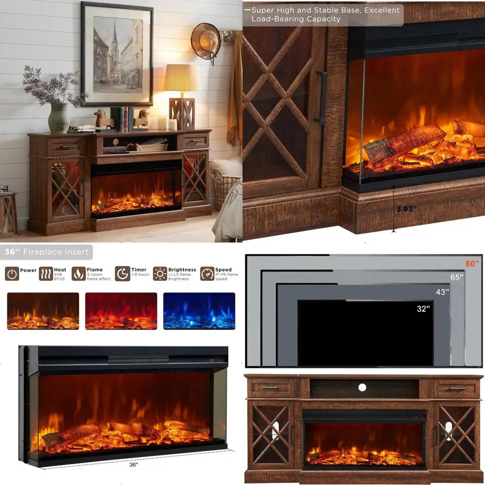 

3-Sided Glass Farmhouse TV Stand, Highboy Entertainment Center, 80 TV, Glass Door Storage Cabinet