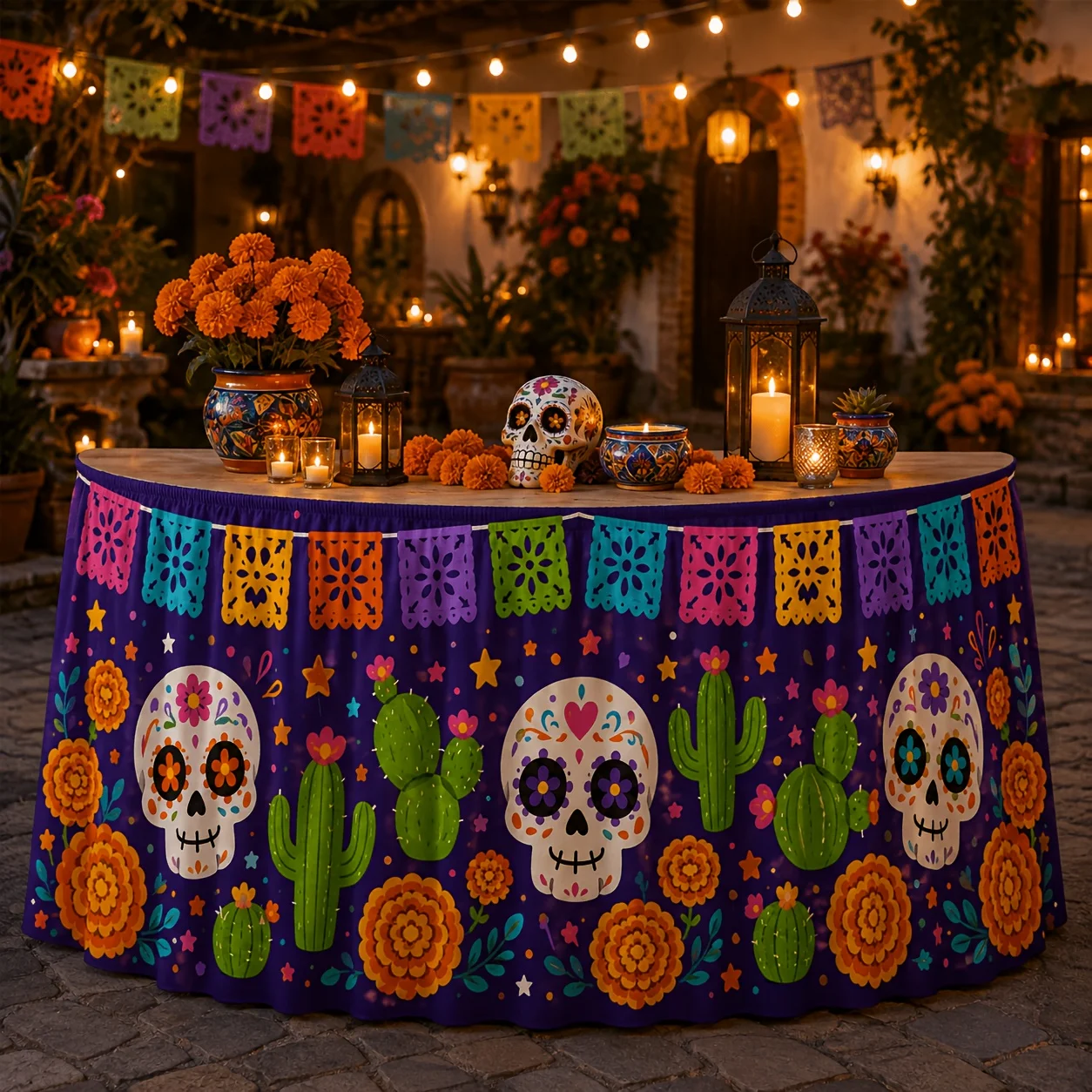 1 piece of tablecloth or table skirt, cartoon-shaped candy, skull cactus, sunflower paper flag, Mexicozyc