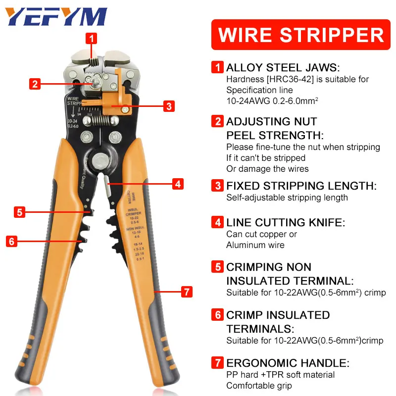 Wire stripper pliers 0.25-6mm²/10-24AWG YE-1 cable cutter practical automatic Multifunctional Repair crimping Tools