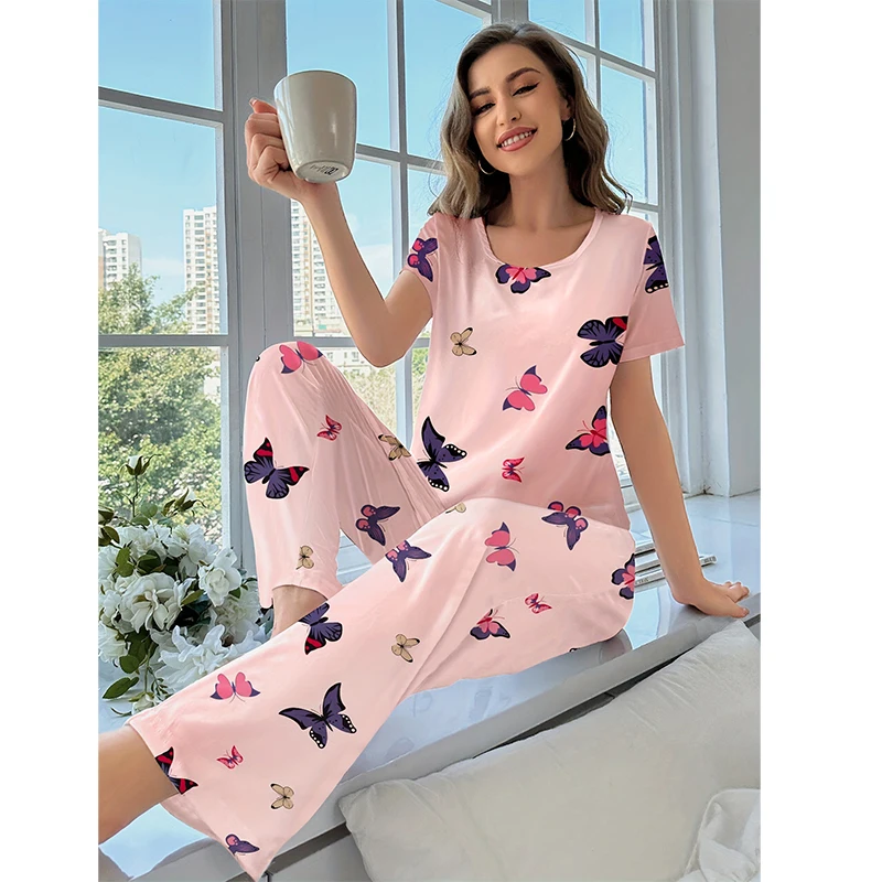 Butterfly Print Home Clothes Casual Milk Silk Pullover Short-sleeved Trousers Suit Pajamas 2 PCS Ladies Home Clothes Sleepwear