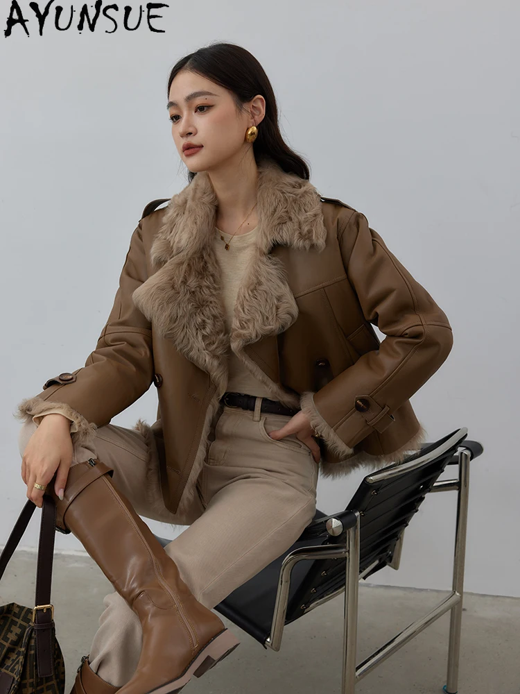 AYUNSUE 天然羊皮毛皮コート バイクジャケット 本革ジャケット レディース 2025 暖かい冬服 女性用