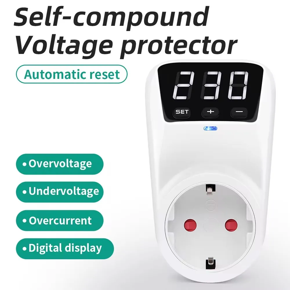 16A 230V Automatic Voltage Protector Switch Adjustable Power Surge Protection EU Socket Type Volt Safe For Home Appliances