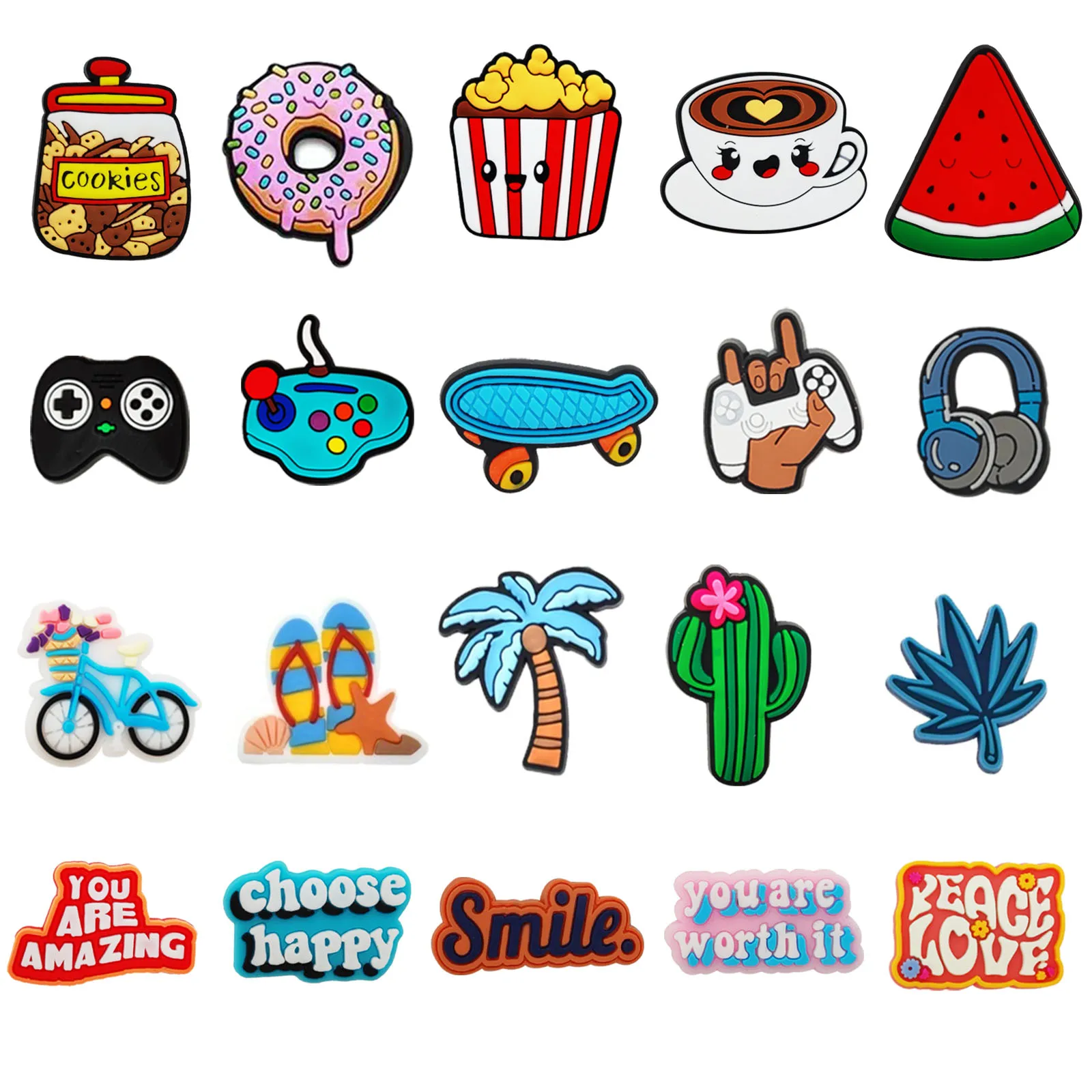 20Pcs  Food Game Summer Inspirational Words Series Shoe Charms for Sandals, Beach Bags, PVC DIY Shoe Decorations Accessories