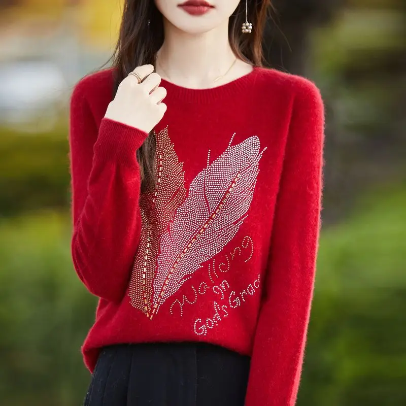 Autumn Winter Women\'s 2024 New Splicing Pullovers O-Neck Printed Letter Minimalist Office Lady Casual Long Sleeve Knitted Top