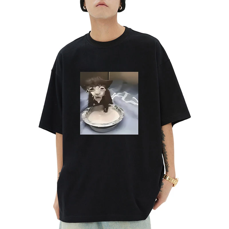 

Funny Cat Milk Face Cat Meme Printed short sleeve T-shirts Men Women Fashion Cotton Oversized Streetwear Humor Graphics T shirt