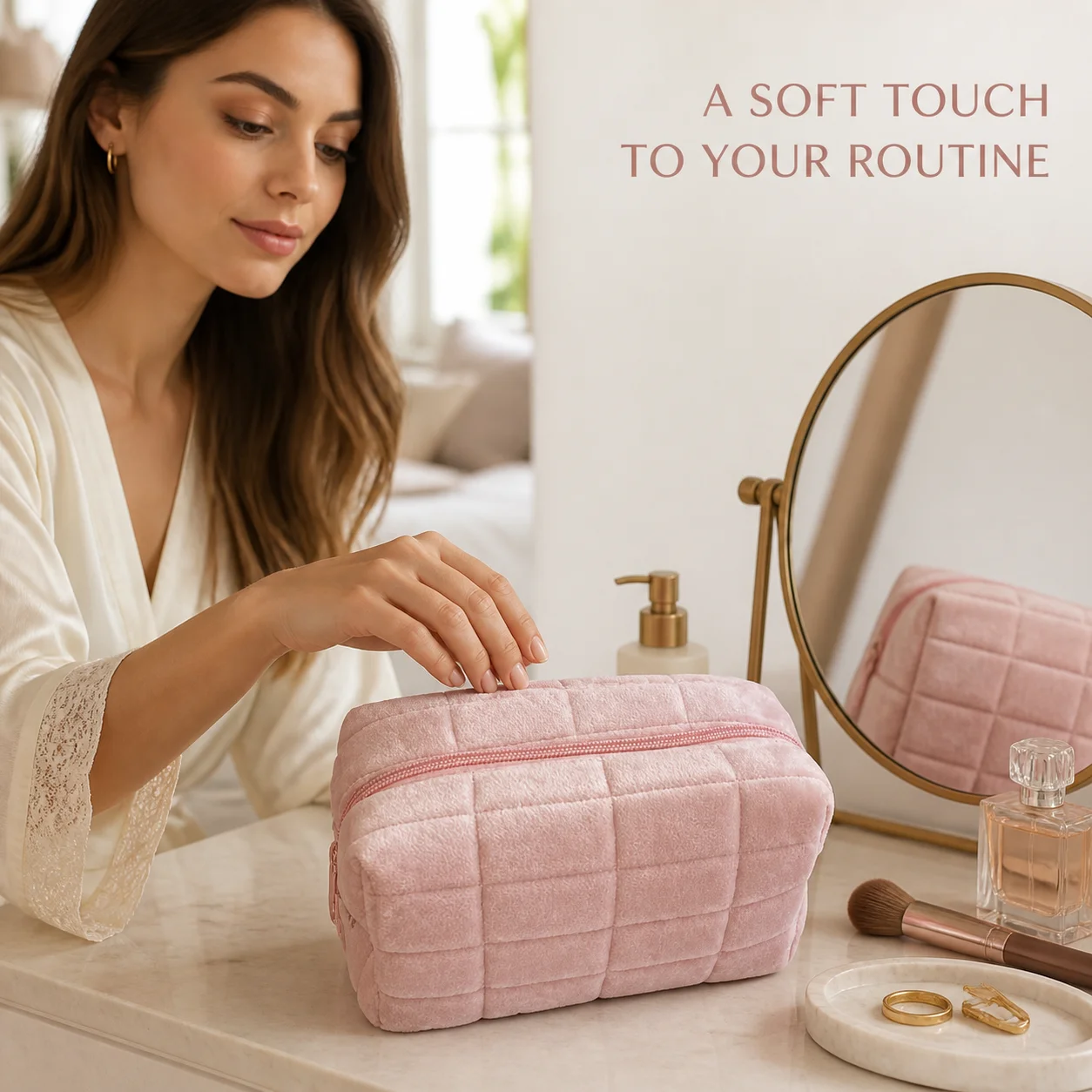 Fashion Pink Plush Makeup Bag Soft Quilted Velvet Cosmetic Pouch for Women Girls Daily Essentials Must Have 2026
