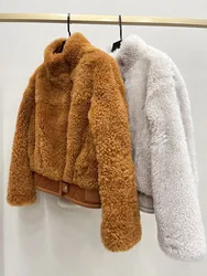 24 Nuova giacca in pelliccia di agnello 100% cashmere, cappotto alla moda con colletto alla coreana per donna