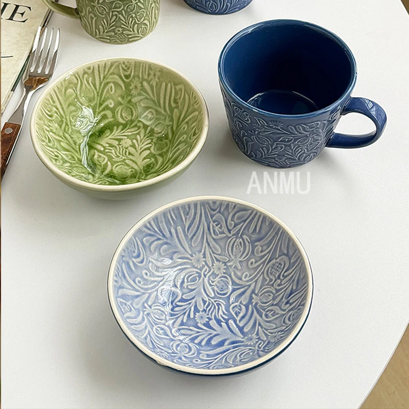 Green Relief Ceramic Cup 2026 New Household Underglaze Color Exquisite Handle Mugs Nordic Style Vintage Good-looking Coffee Cup