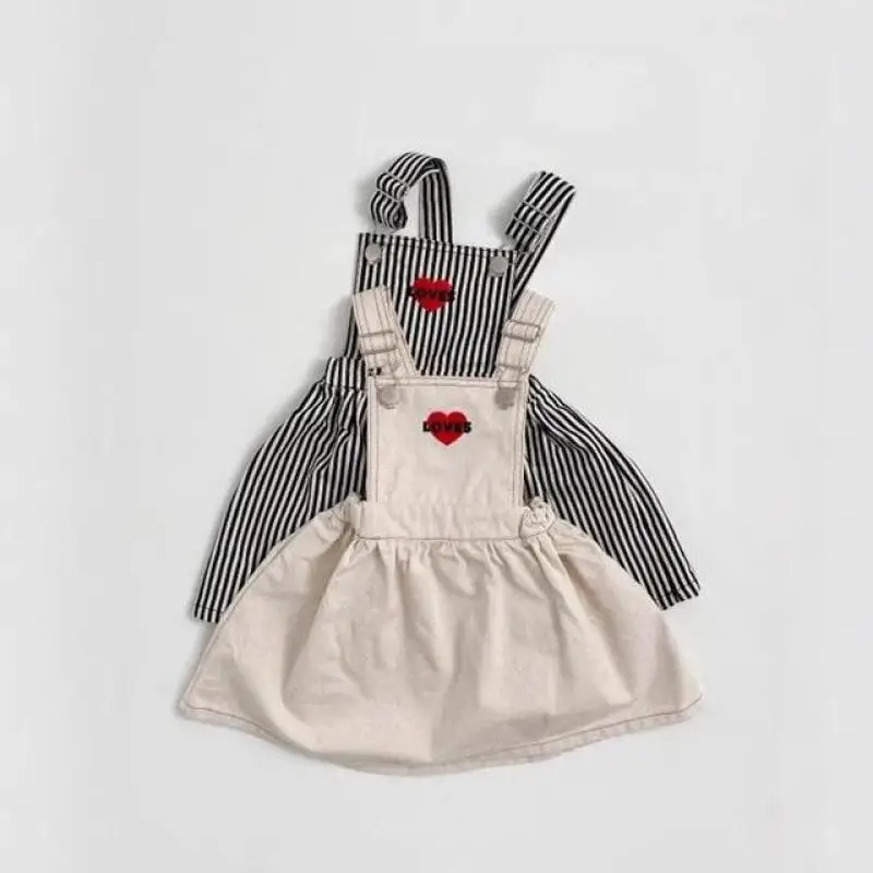 

2025 Autumn New Girls Heart Strap Dress Cotton Children Sleeveless Casual Dress Baby Girl Striped Vest Dress Kids Clothes