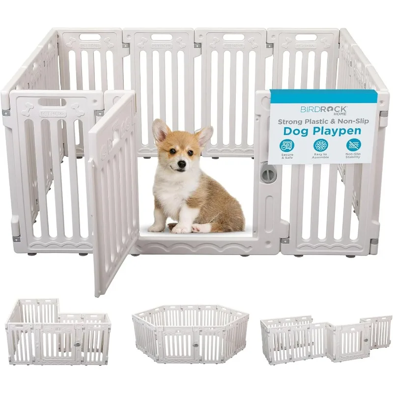 Dog Playpen w/Door, 12 Panel, 25.6in Non-Slip Puppy Playpen, Secure Pet Gate Indoor Outdoor Fence Configurable Panels- White