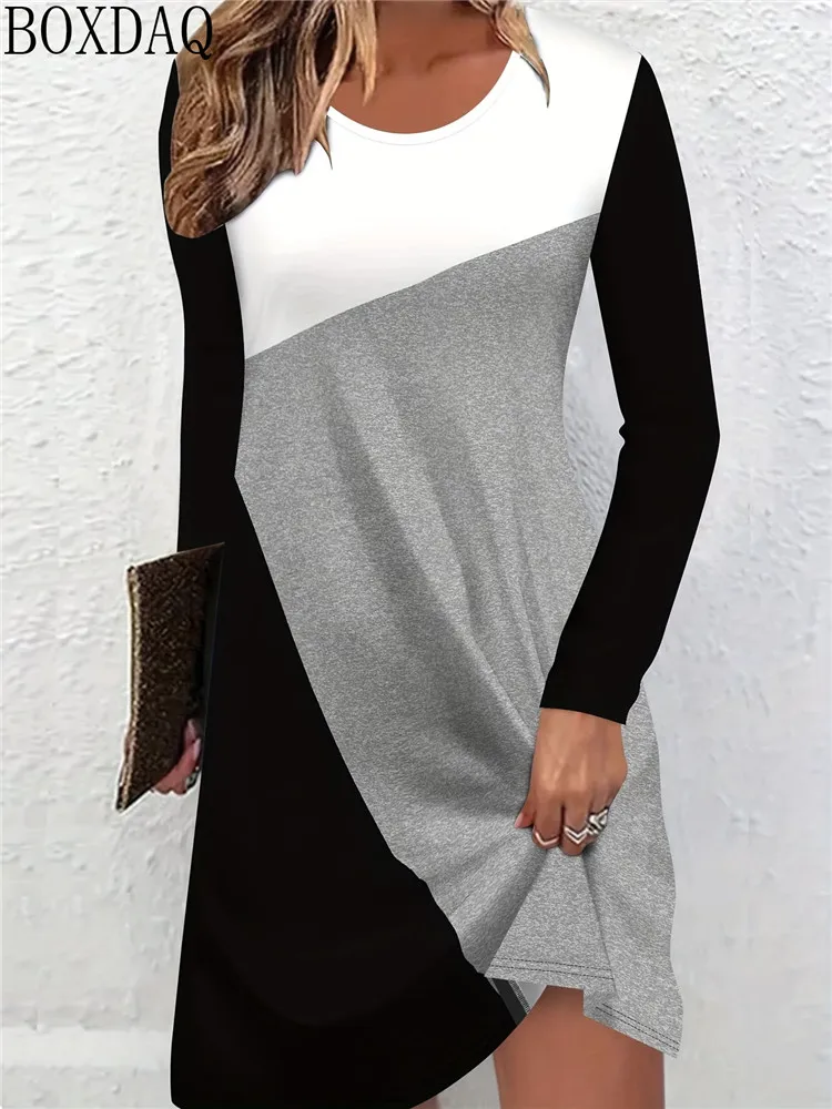 Ladies' Autumn Loose Dress Long Sleeved Round Neck Multi-Color Simple Pattern Printed Casual Women's Dress