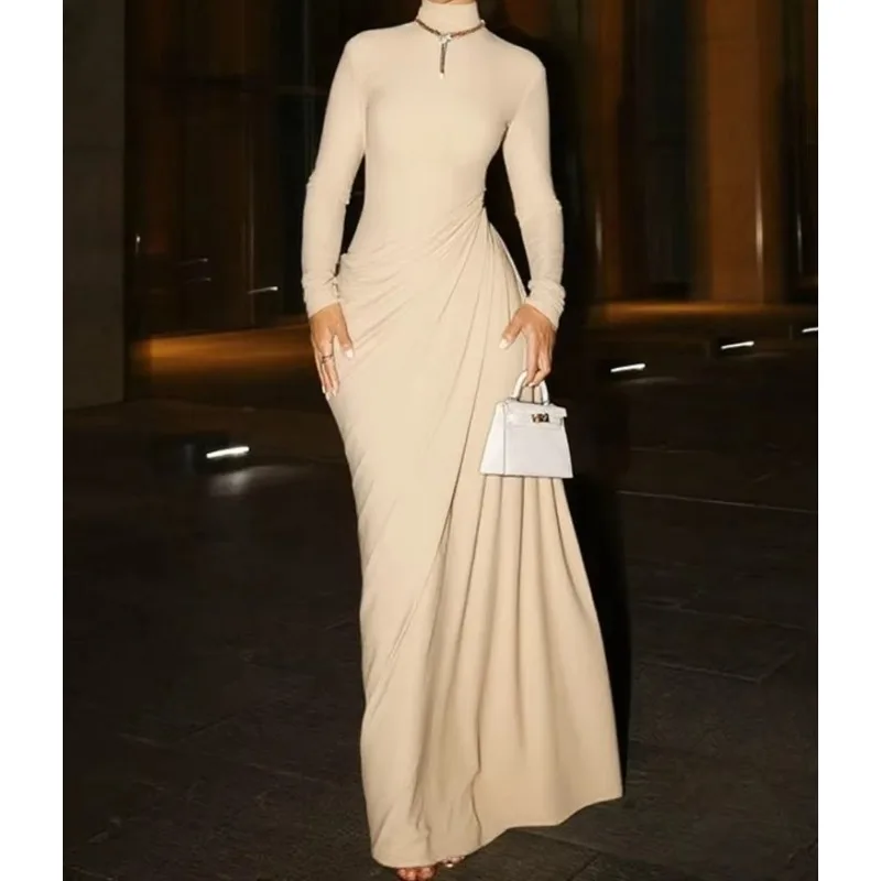 Turtleneck Long Sleeve Sexy Maxi Dress Women Autumn Winter Elegant Backless Button Ruched Bodycon Club Party Long Dress