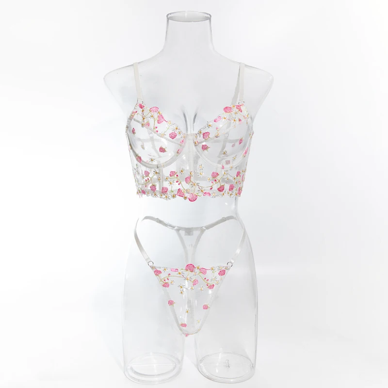 Bikini lingerie set with mesh, transparent embroidery, multi-colored flowers, fishbone corset, underwire push-up bra, two-piece