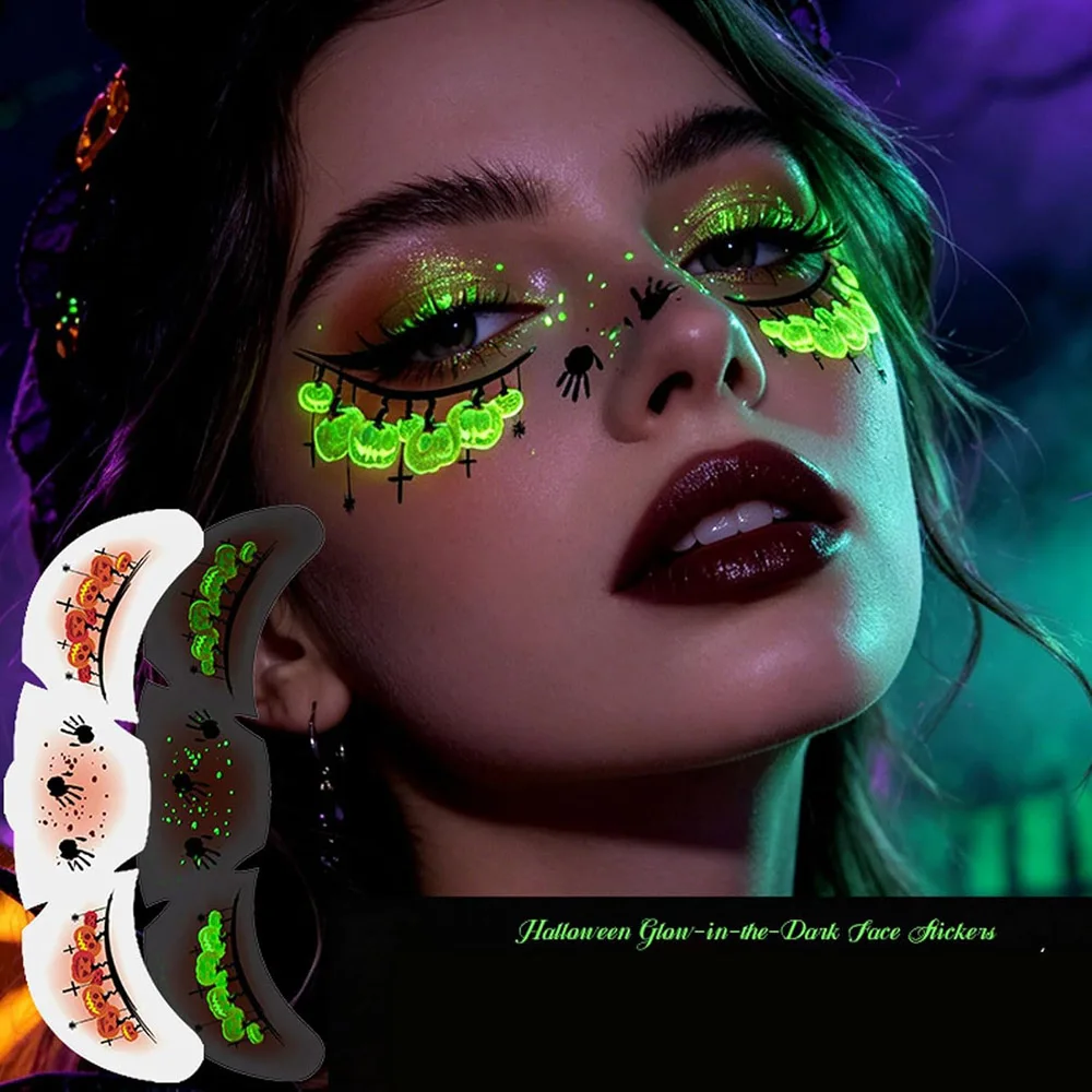 10pcs Luminous temporary face stickers with scar spider pumpkin patterns for Halloween adults cosplay party.