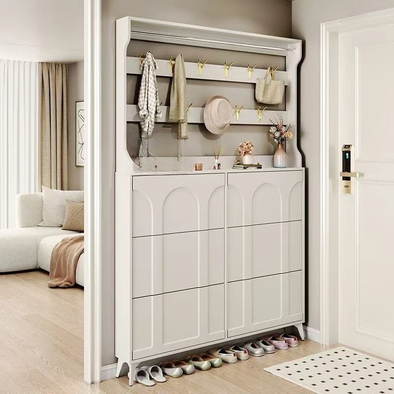 

Small apartment cream wind ultra-thin shoe cabinet with hanger integrated household