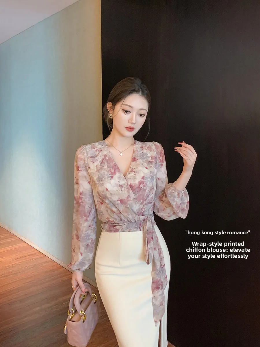 

Ele Floral Print Chiffon irt Women's Long Sve V-Ne Spring Autumn Top Korean Sle Breathable Skin-Friendly Polyester