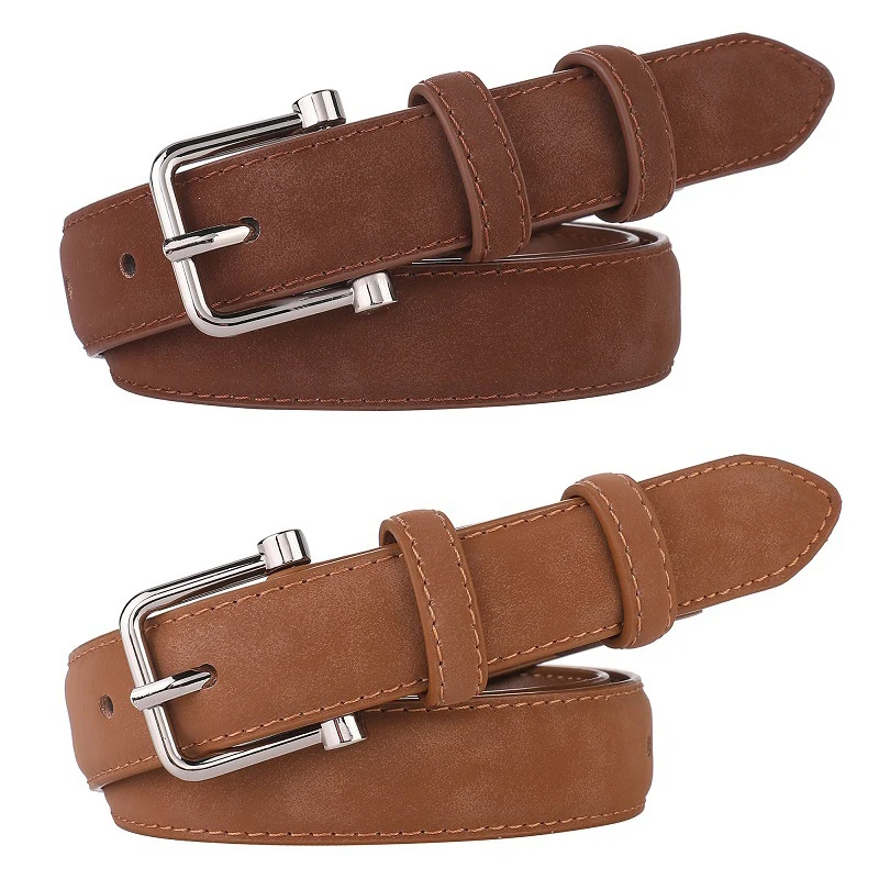 เข็มขัดหนังวัวแท้คุณภาพสูงสำหรับผู้หญิง สไตล์เรียบง่าย แฟชั่นอเนกประสงค์ เหมาะกับกางเกงยีนส์ เครื่องประดับสไตล์โกธิคย้อนยุค หัวเข็มขัดแบบหมุด สายคาดเอวหนังกลับ