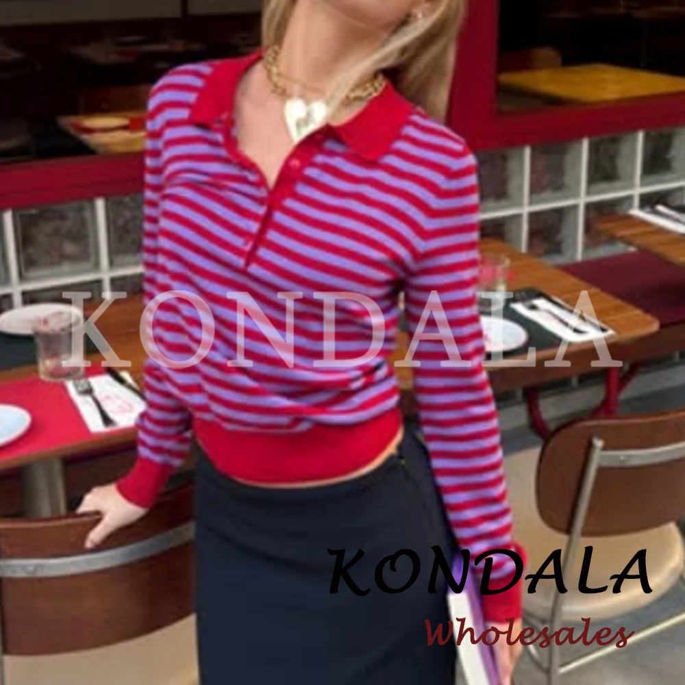 KONDALA Vintage Modern Purple Striped Polo Women Sweater Autumn Long Sleeve Office Lady Knit Top Casual Y2K Pullover Knitwear