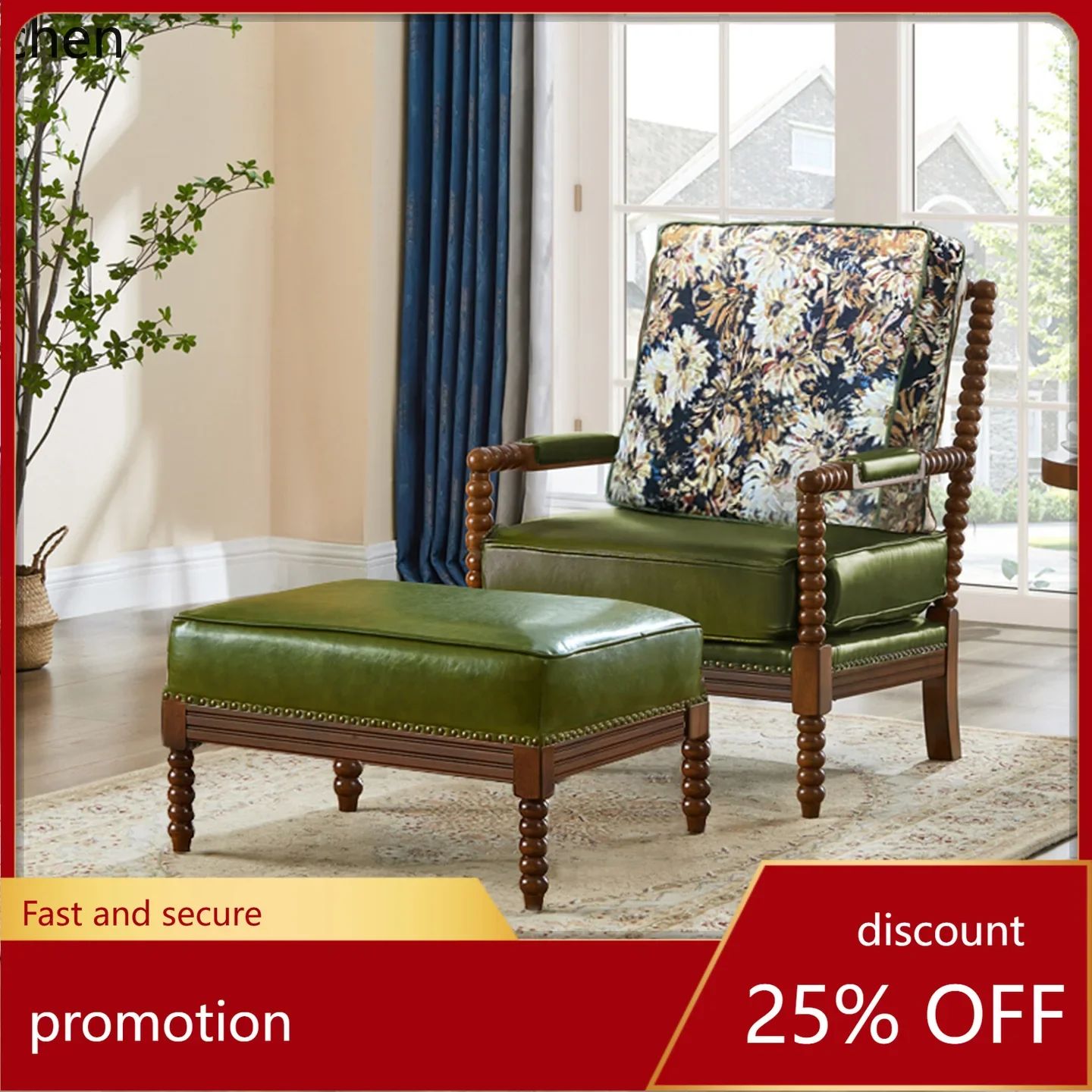 DSA Single Sofa Chair Solid Wood Chair Vintage Style Fabric Pearl Chair