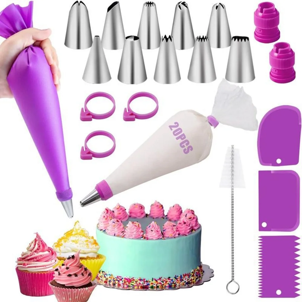 40pcs Silicone Piping Bags and Tips Set Cake DIY Decorating Kit with Stainless Steel Nozzle Reusable Silicone Pastry Baking Tool