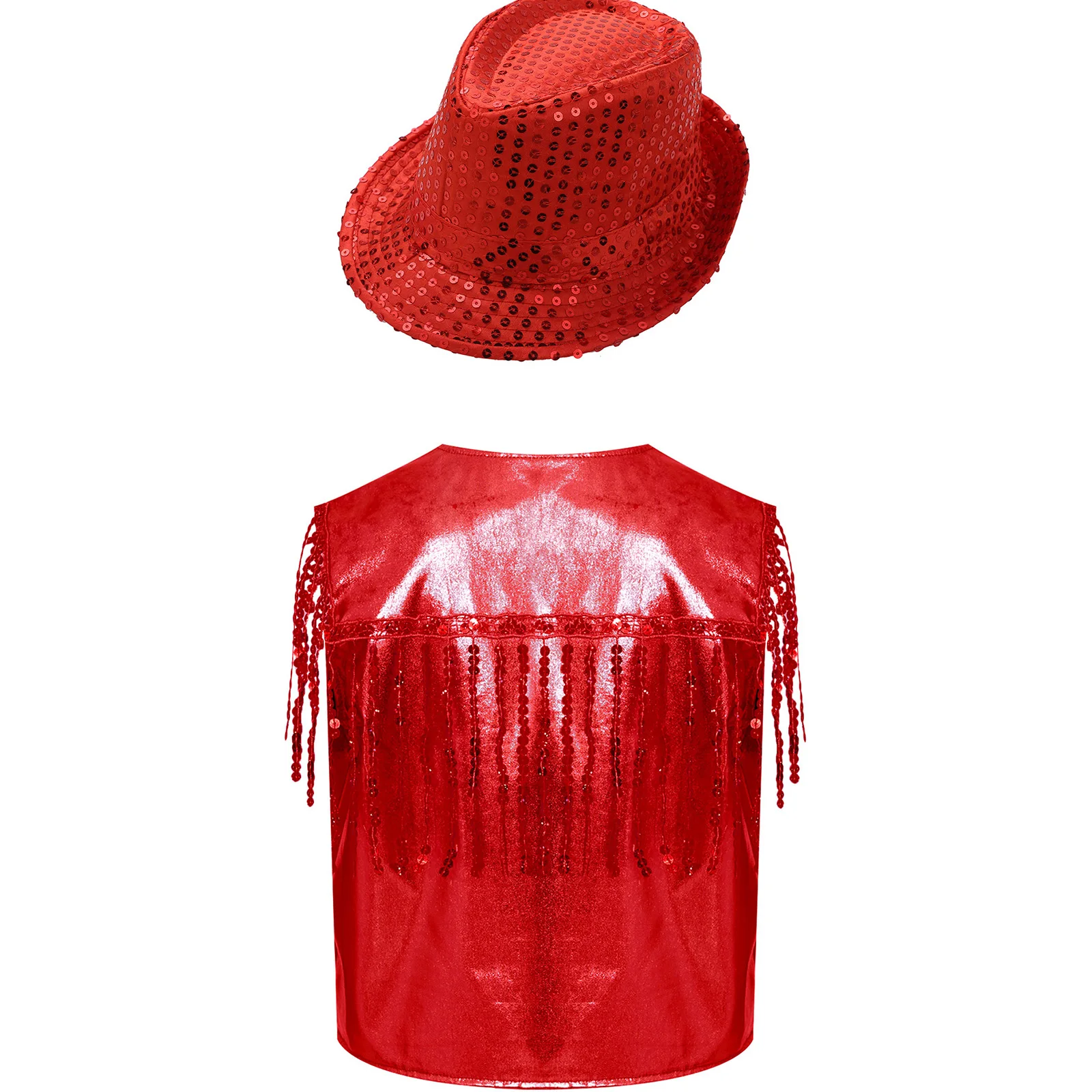 الفتيات عروض رقص الجاز زي تألق الترتر شرابة صدرية سترة معدنية مفتوحة الجبهة جاكيت بلا إكمام مع قبعة الترتر