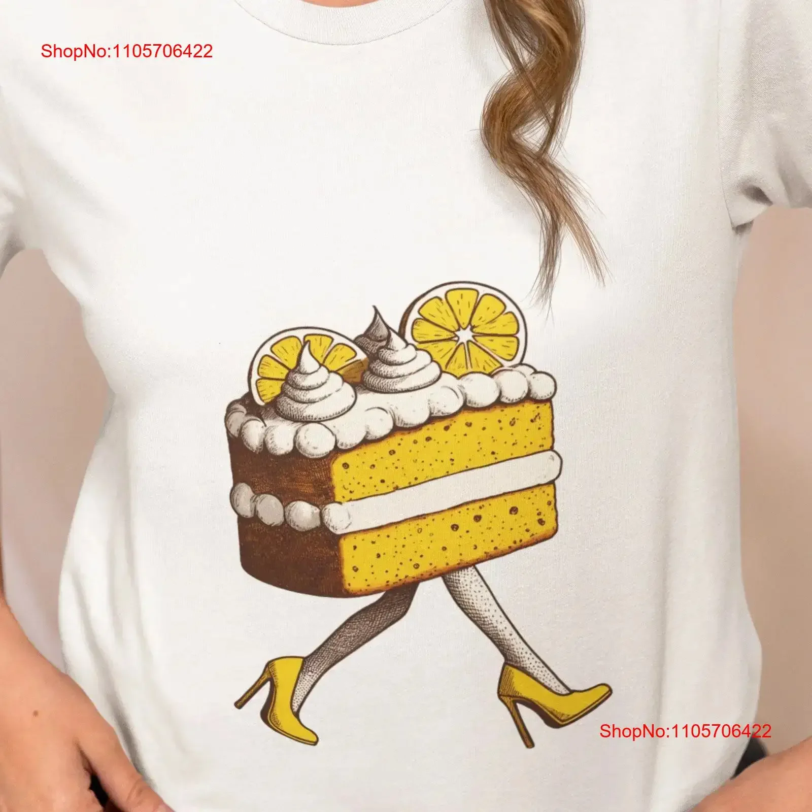 Quirky Lemon Cake Walking T Shirt Whimsical Dessert Lover Slice and Design in Heels Unique Novelty vintage Washed Unisex