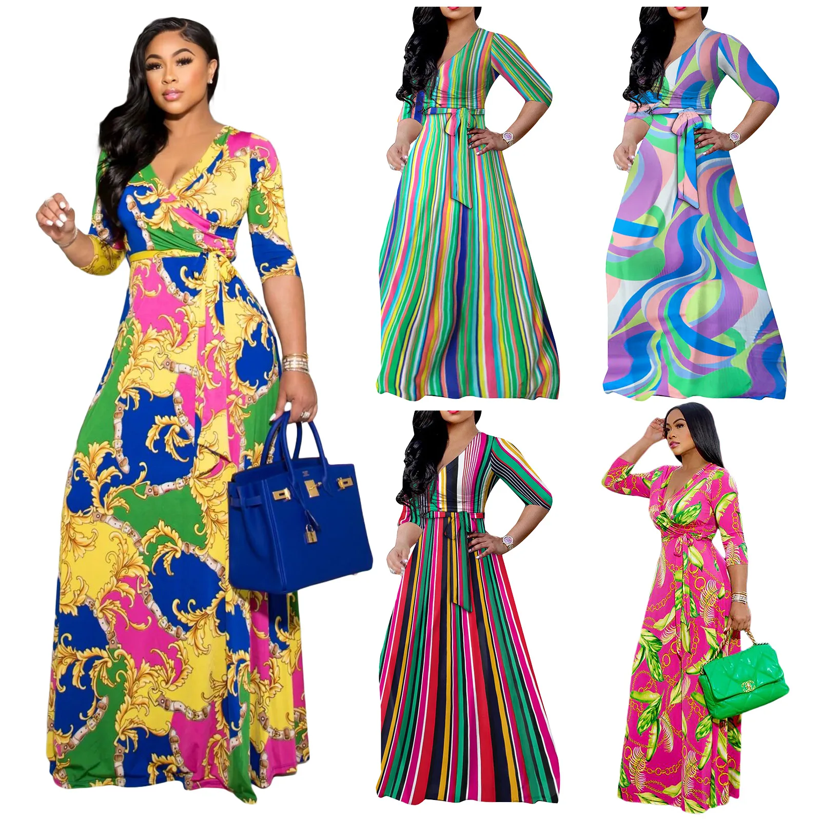 

Women's Elegant Exquisite Printed Plus Size Dresses Sexy V-Neck Tie Floor-Length Dresses Spring Casual Slim Fit Party Dresses