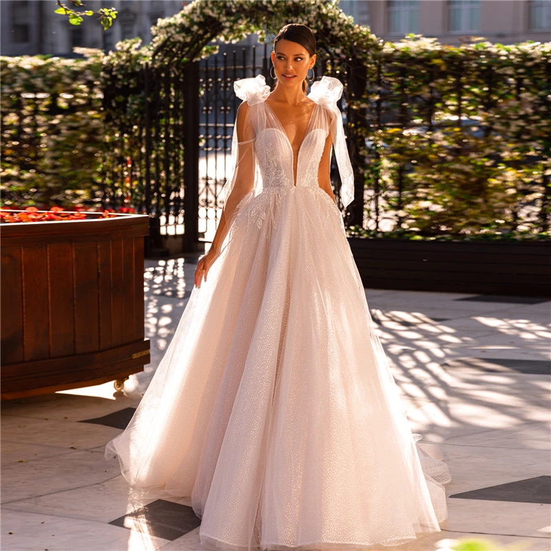 فساتين زفاف لامعة للنساء دانتيل زينة الأشرطة عارية الذراعين ألف خط بوهو زي العرائس Vestidos Novias Boda #1