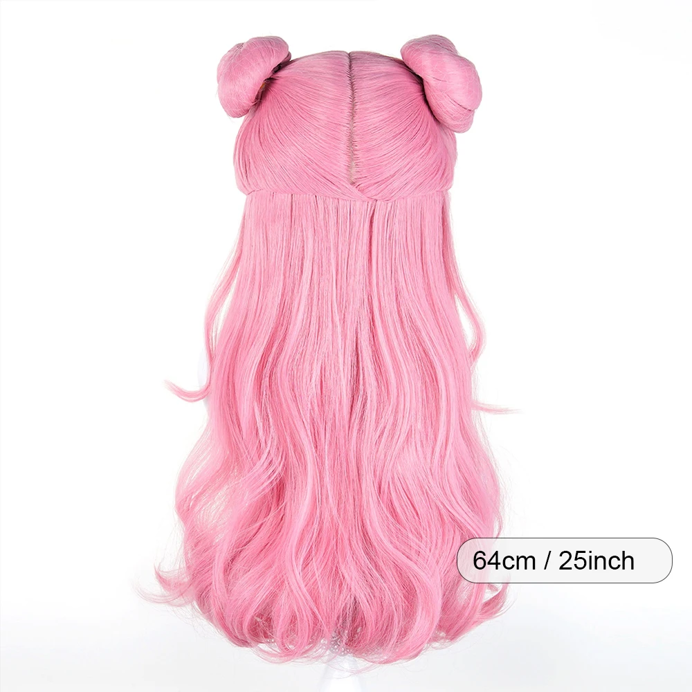 Pink Long Wavy Synthetic Wigs with Bun Anime Game Cosplay Fluffy Wig with Bangs for Daily Party - view 2