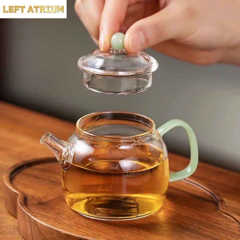  150m Mini Glass Teapot with imitation Green Jade Handle Heat Resistant Borosilicate Kung Fu Tea Pot for Brewing Green Tea Puer