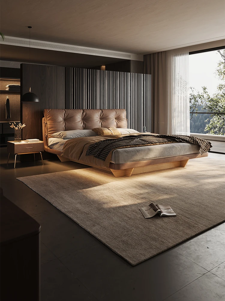 NEW Suspended leather bed luxury Italian puffs modern simple high-end atmosphere master bedroom double soft bed.