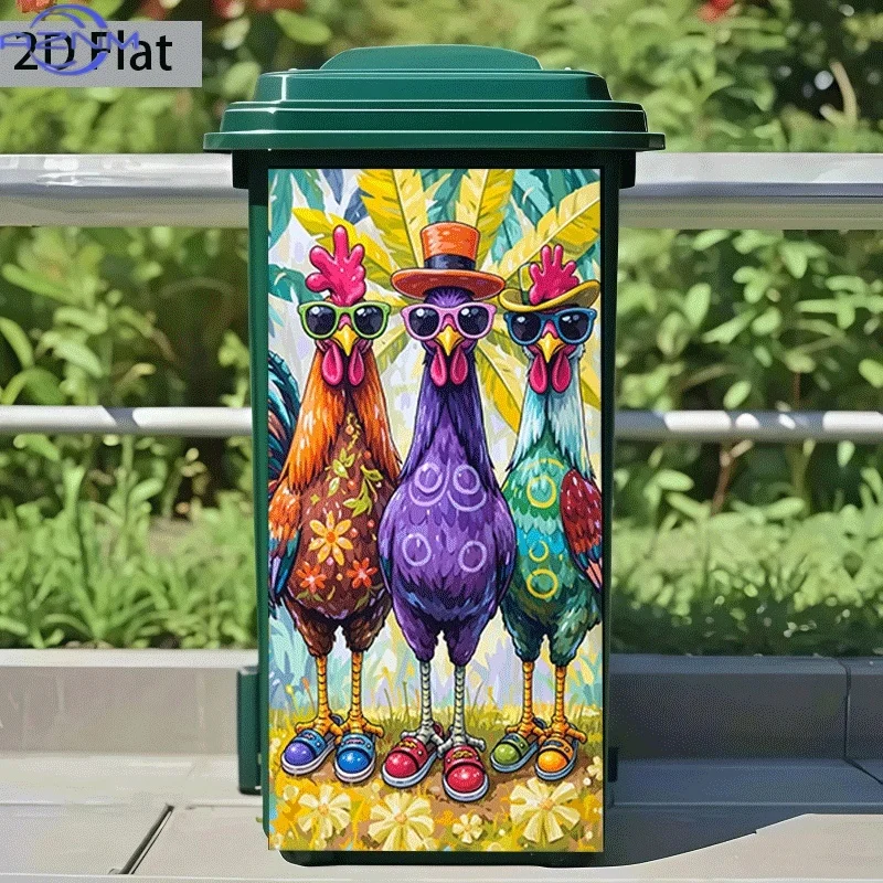 Trash Can Sticker 37×82cm, Three Trendy Chickens Group Photo Themed Design, Self-Adhesive Wall Decal Wallpaper, Kitchen Trash