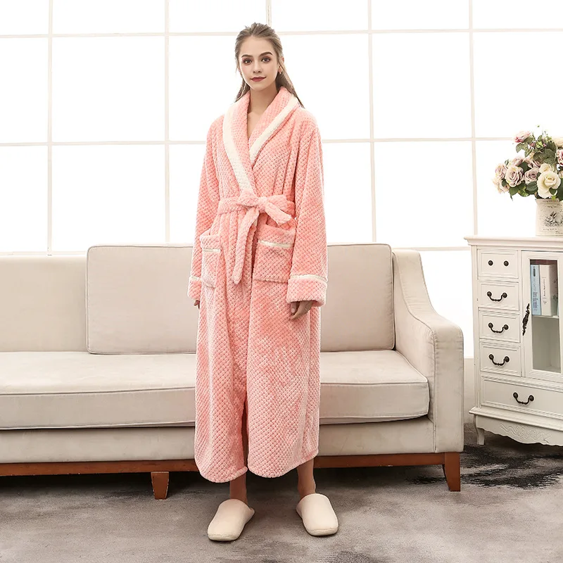 New In Autumn Winter Large Size Thickening Nightgown Men Women Warm Flannel Bathrobe Lengthen Couple Lounge With Pockets