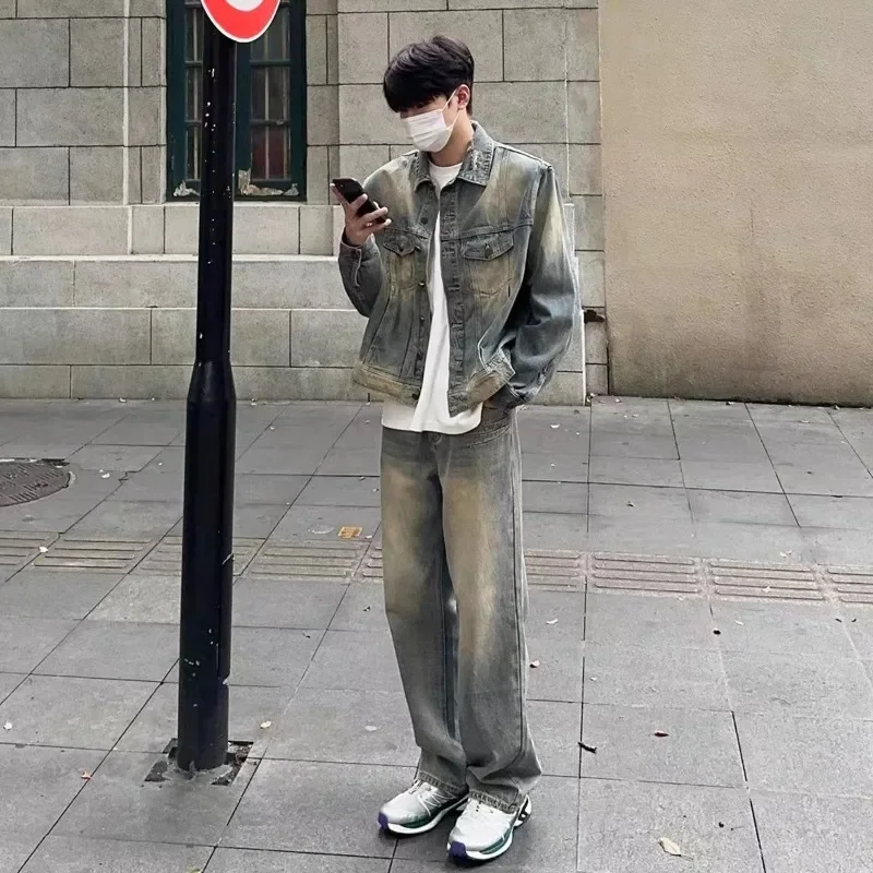 

Men's Spring Autumn Old Retro Washed High Street Denim Suit Loose Single Breasted Jacket Coat Straight Pants Two-piece Sets