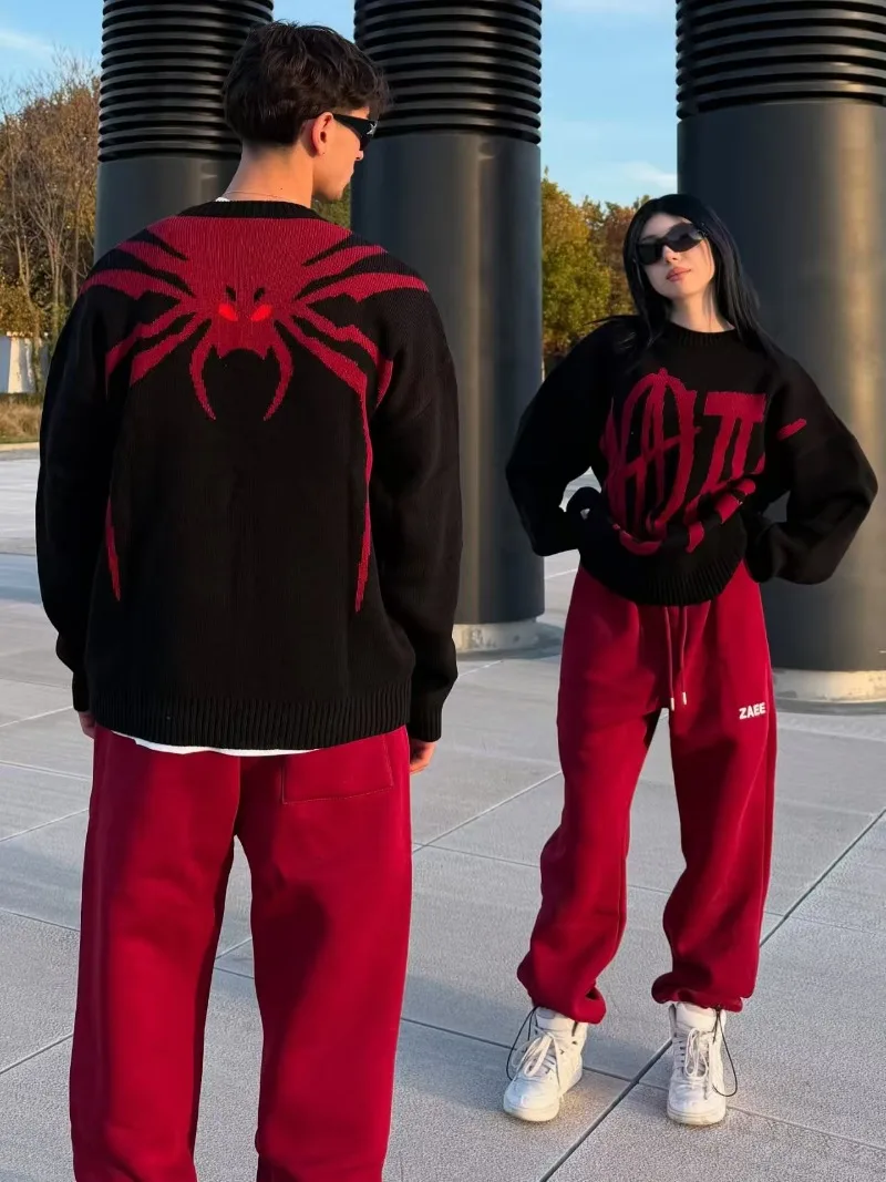 

Gothic Harajuku Spider High Street Men knitted pullover 2025 American new casual fashion sweater Oversized loose sweatshirt
