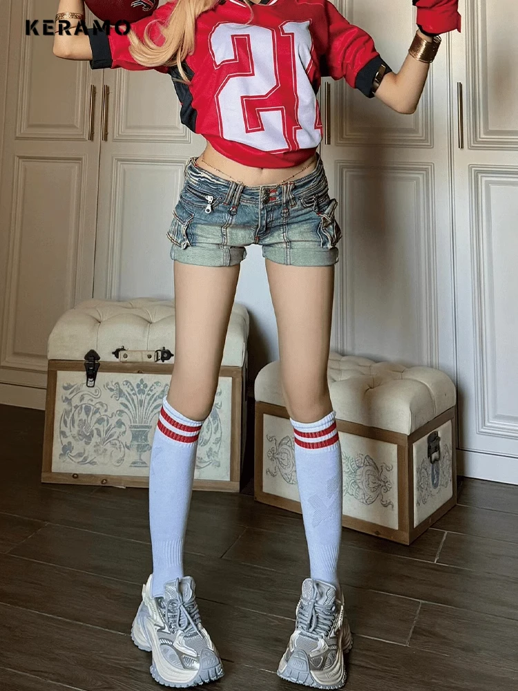 Women\'s Y2K Fashion Hotsweet 2000S Blue Sheath Denim Super Shorts High Waist Casual Harajuku Style Sexy Slim Street Jean Shorts