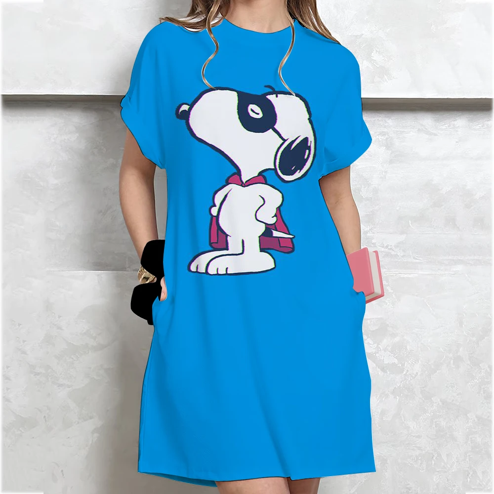 Women's summer casual Snoopy print loose size round neck short sleeved T-shirt dress New Fashion Printed Round