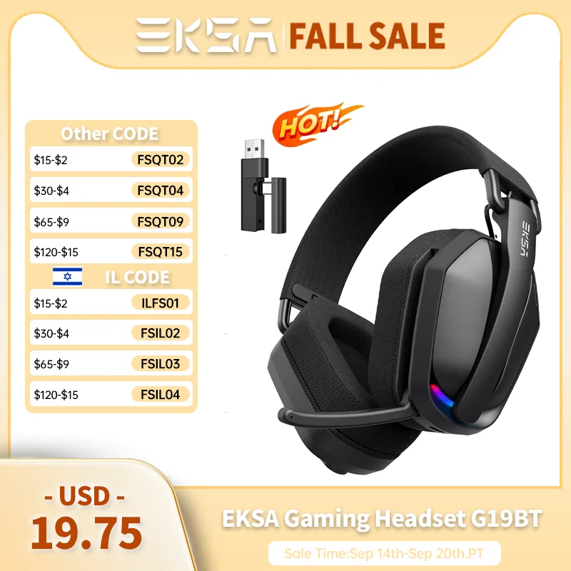 EKSA G19BT 2.4GHz Wireless Gaming Headphones Bluetooth 5.4 3.5mm Headset 30ms Latency 40mm 35H Playtime for PC PS5 Xbox Foldable
