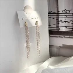 Korean Fashion Elegant Long Pearl Tassel Ear Clips Earrings for Women Simple Fresh Small Pearls Long Clip Earring No Piercing