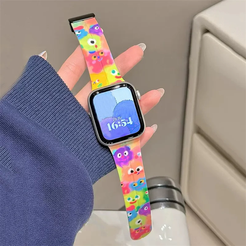 Korea Cartoon Cute Color Graffiti Strap For Apple Watch Band Ultra2 49mm 45mm 44 41 42 Correa Band For Iwatch Series 9 8 SE 7 6