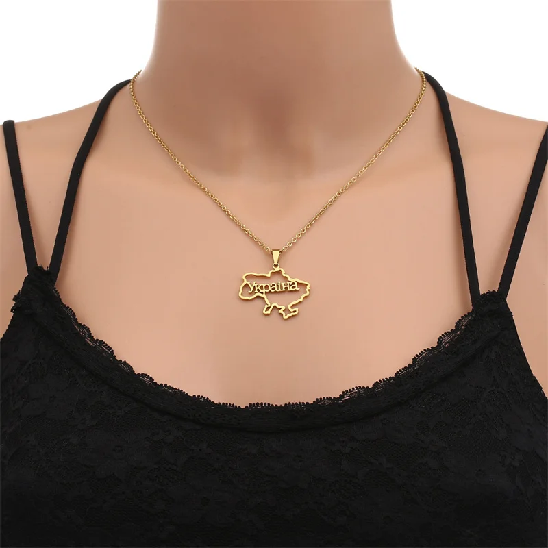 Fashion Outline Ukraine Map Pendant Necklace For Women Girls Stainless Steel Gold Color Heart Flag Ukrainian Party Jewelry Gifts