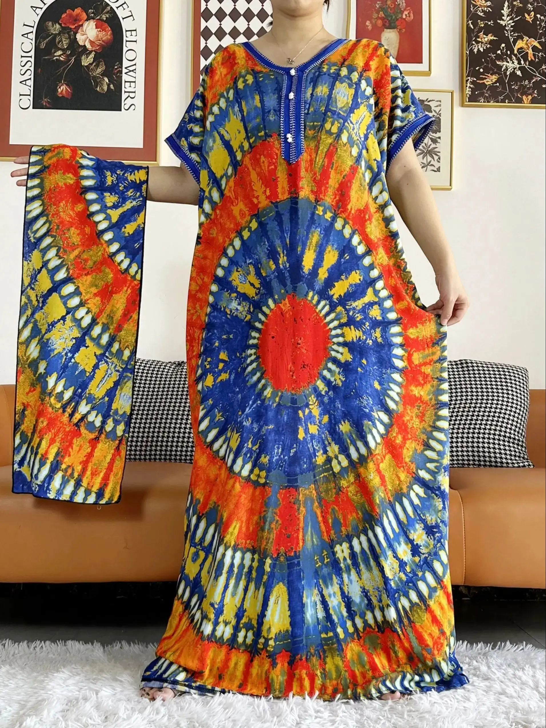 

2024 New Style Flower Sleeve African Dashiki Floral Print Cotton Abaya Caftan Elegant Lady Summer Maxi Casual Dresses Vestidos