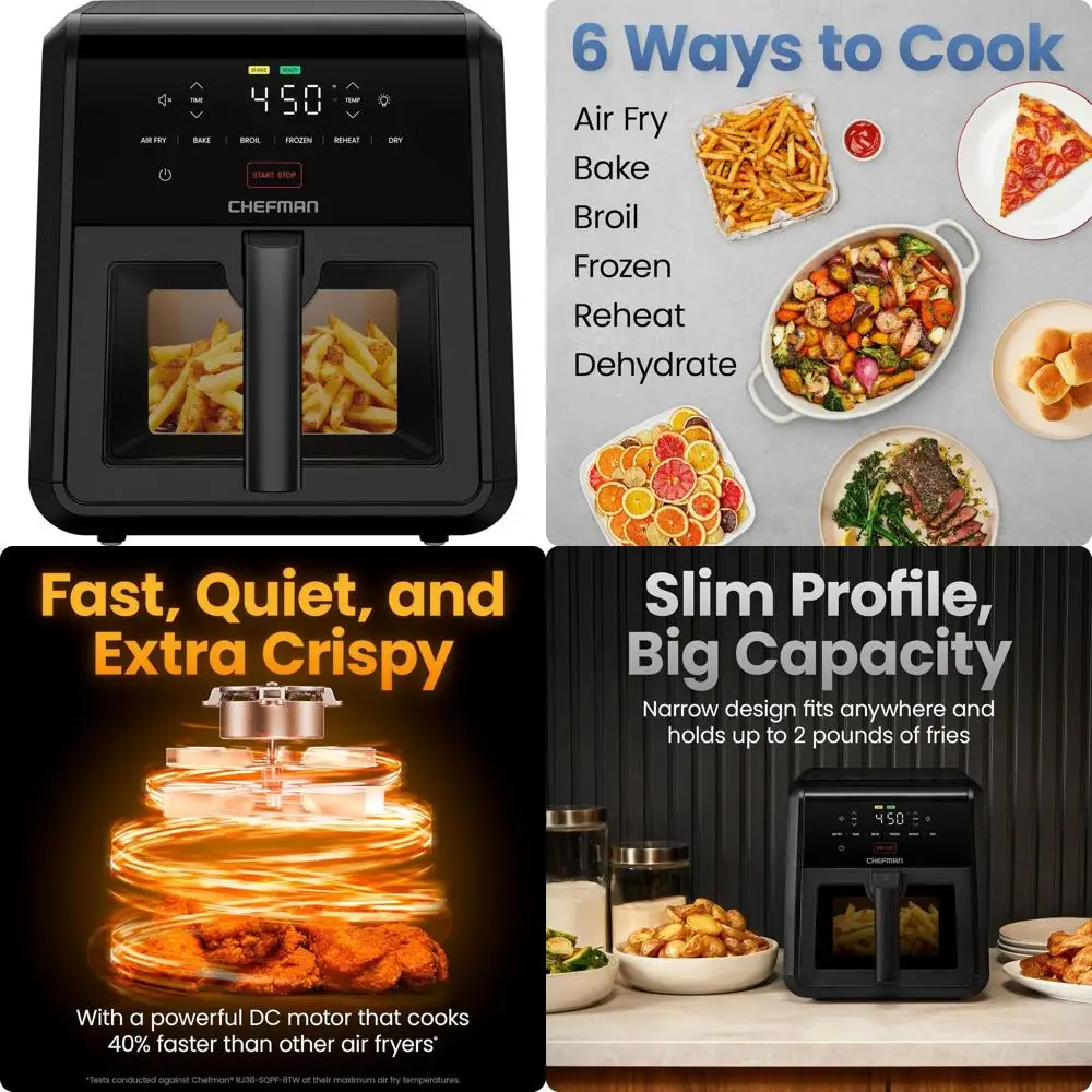 

Аэрофритюрница 6-в-1, 7-квартовая, 450 Вт ° Высокомощная функция приготовления, компактный дизайн для хрустящих блюд, воздушная фритюра, запекание, жарка, сушка и дефрост.