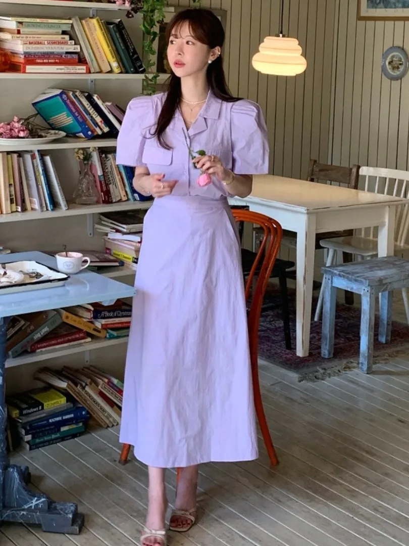 

Retro Suit Collar Pleated ort Sve irt Women's High Waist A-Line Skirt Set Summer Faionable Ele Ensemble