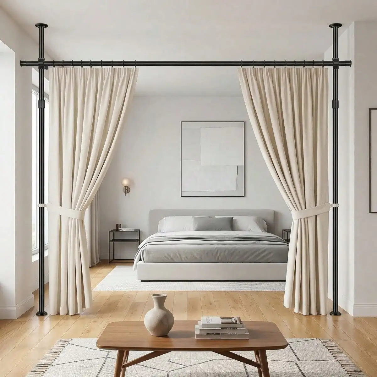 Tension Rod Room Divider Curtain No Drilling Heavy Duty 5-10ft Height 28-70in Width Privacy Partition