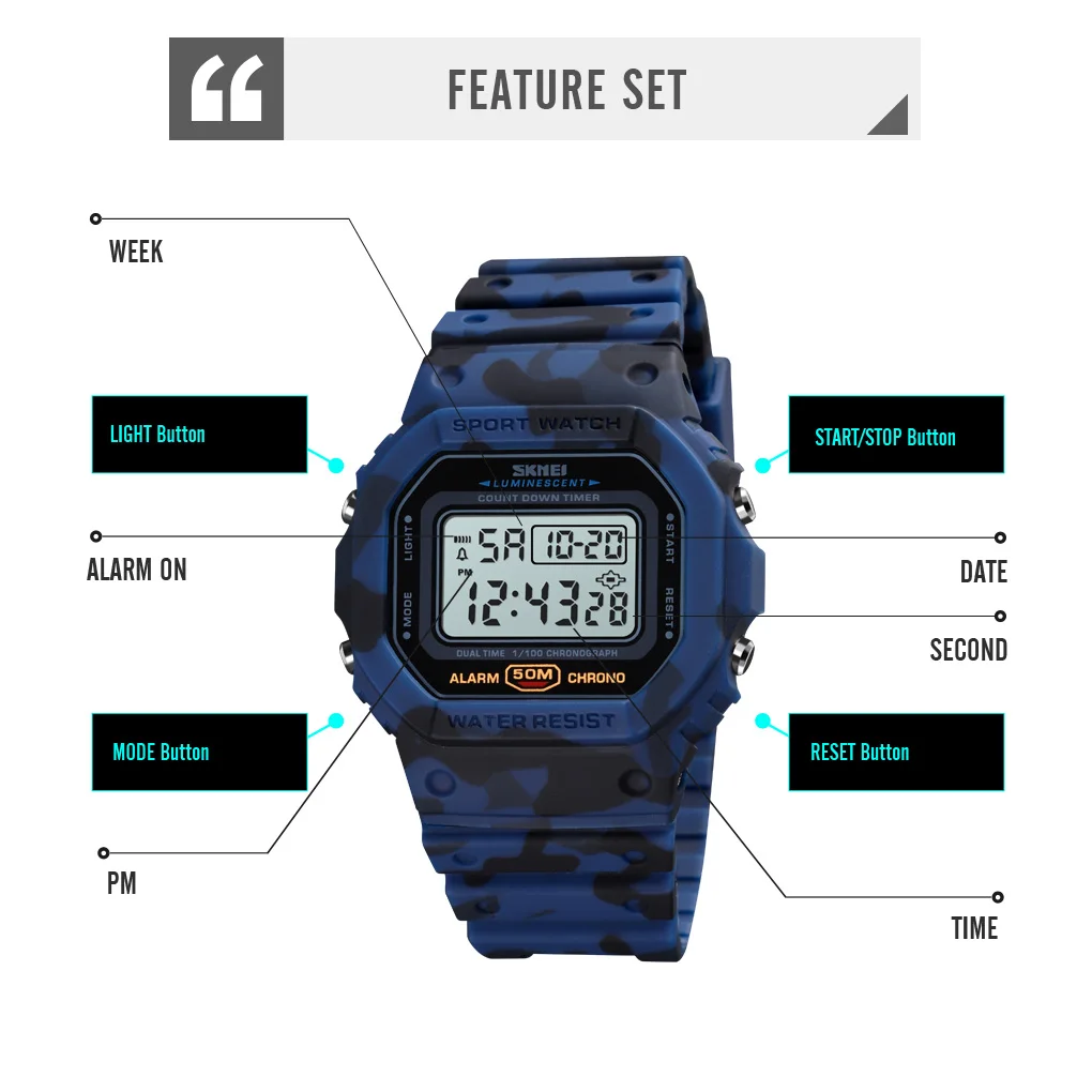 SKMEI 1628 Digital Sport Watch 5Bar Waterproof