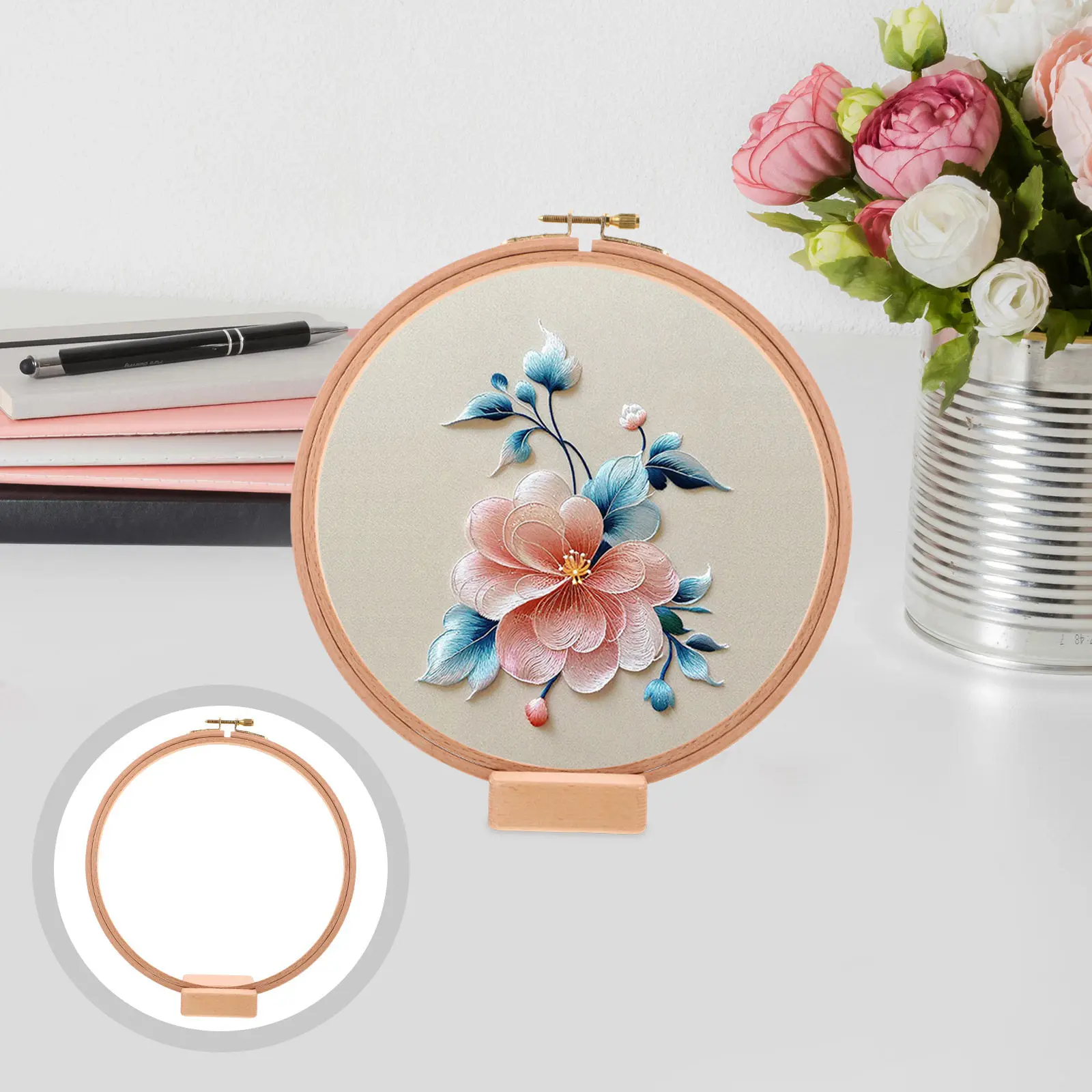 1Set Embroidery Hoop with Sturdy Wooden Base Stand Handcrafted Adjustable Circle Frame for Cross Stitch Embroidery DIY Craft