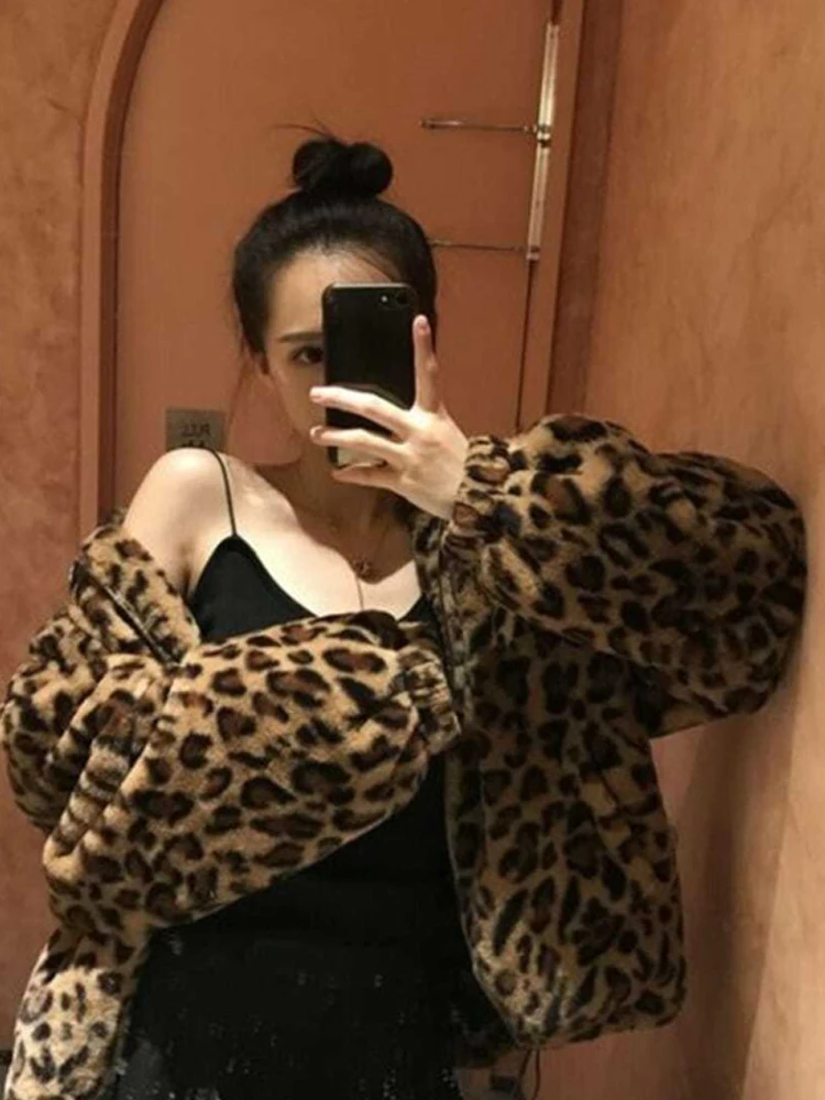 Oversize Leopard Jackets Woman Casual Loose Fluffy Coats Lady Winter Warm Stylish Jacket Female Imitation Mink Zipper Outerwear